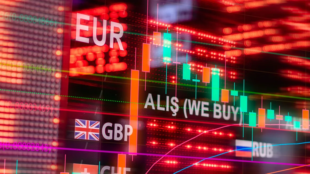 A stock market board displaying the exchange rates of various currencies, including the Euro, British Pound, Swiss Franc, and Russian Ruble.