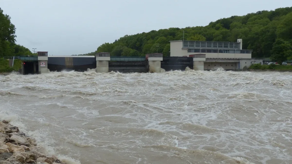 A dam with a large body of water in front of it, surrounded by trees and a gray sky.